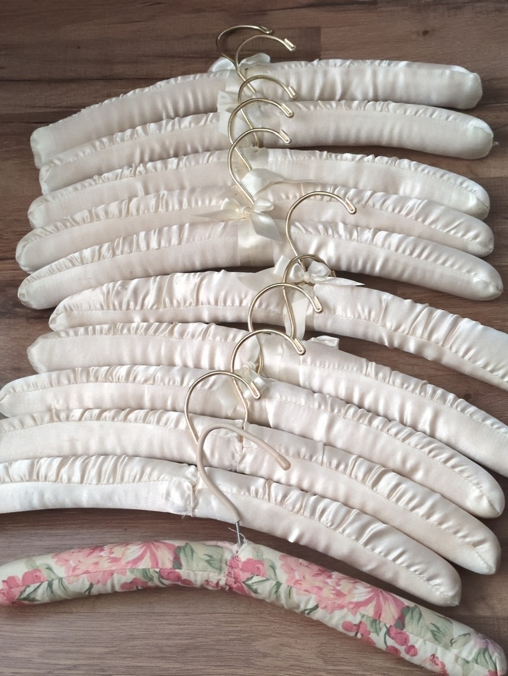 Set of 11 Padded Satin Hangers in Ivory with Gold Hooks